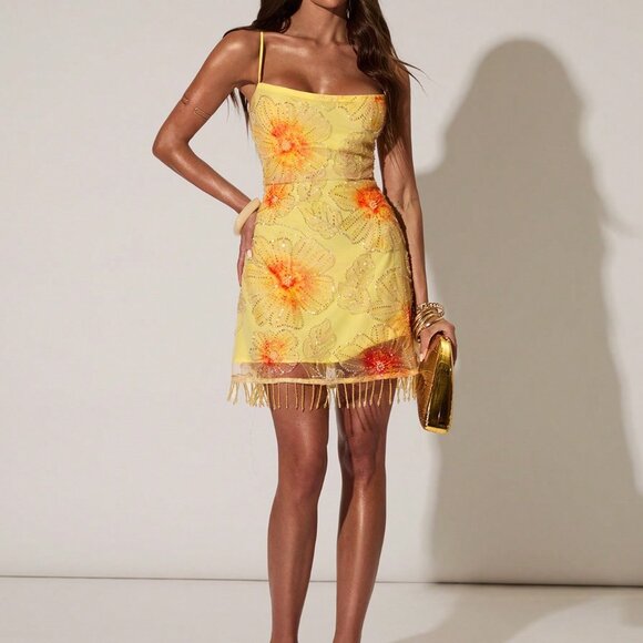 Yellow Boho Women's Sexy Spaghetti Strap Beaded Sequin Floral Mini Dress - Picture 3 of 5